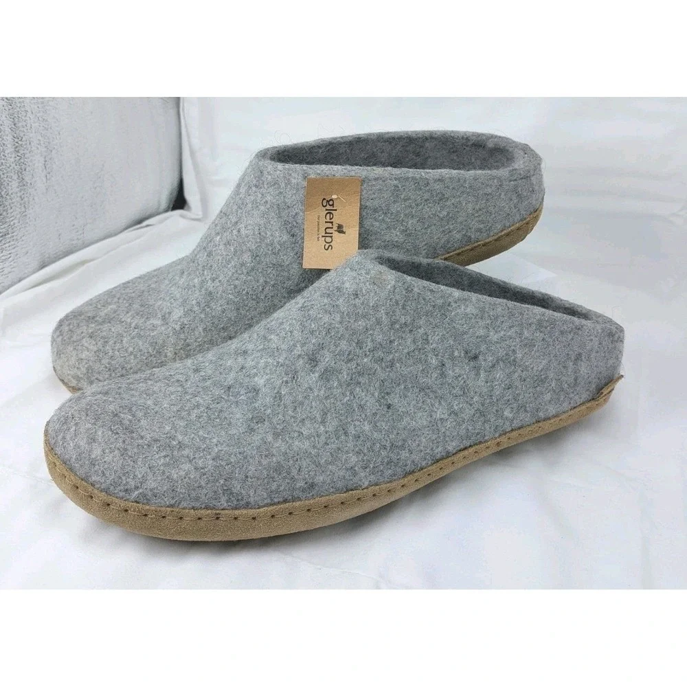 Glerups Natural Wool Slipper Mens Slip On Gray US 13 EU 47  Leather Bottom New